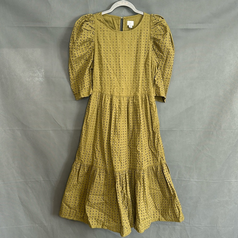 a new day Olive Eyelet Puff-Sleeve Midi Dress